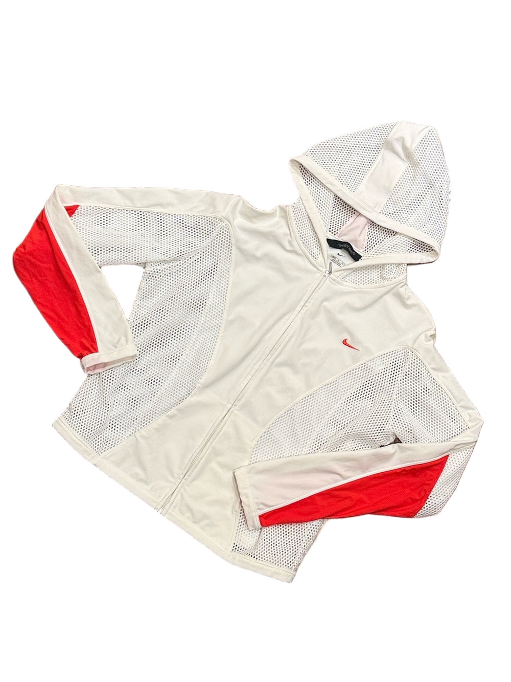 Nike Dri Fit Mesh Jacket with Hood, White with Orange Detail | Size Medium